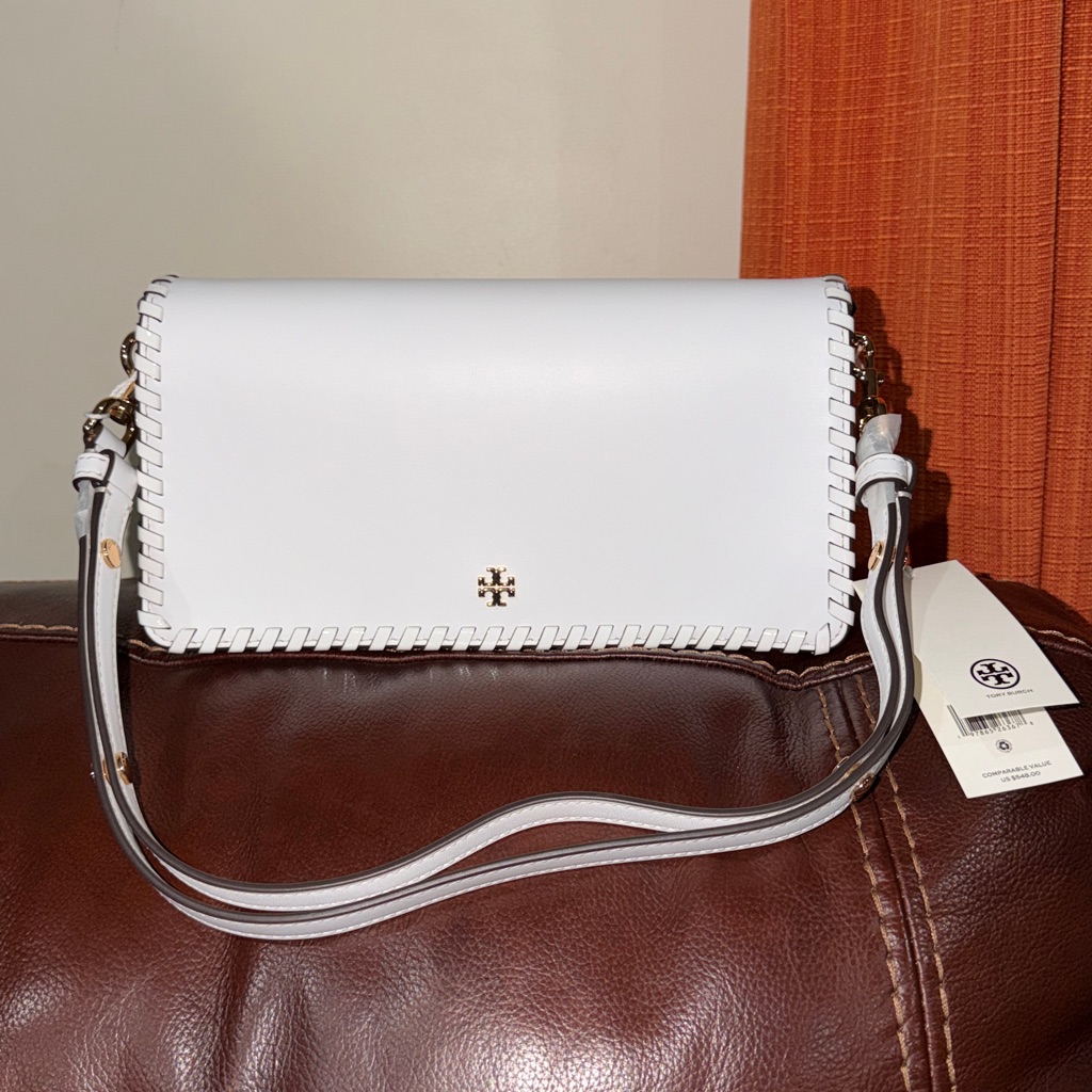 New Tory Burch Emerson Whipstitch Convertible White Leather Crossbody Bag